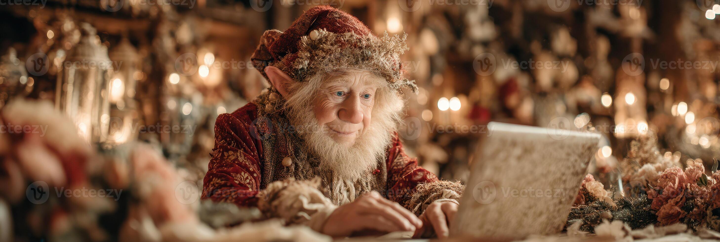 Cheerful elf using laptop in a cozy workshop filled with holiday decorations and warm lighting photo