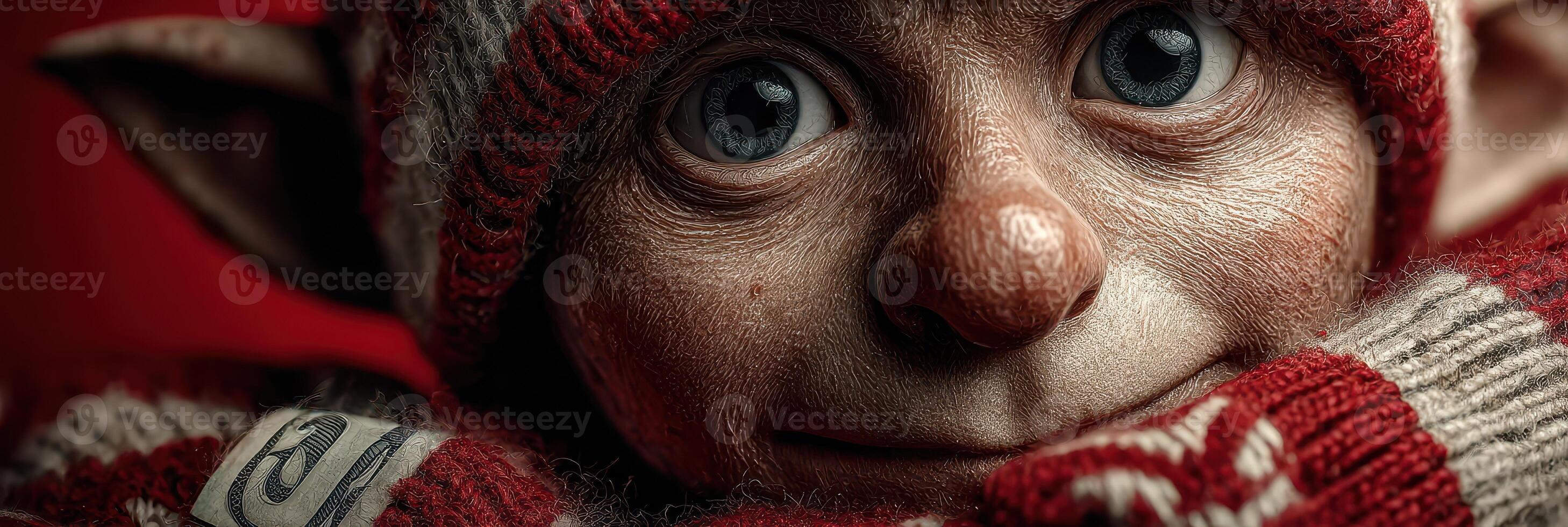 Charming small creature with large expressive eyes wearing a red knitted hat and cozy mittens in a warm, festive setting photo