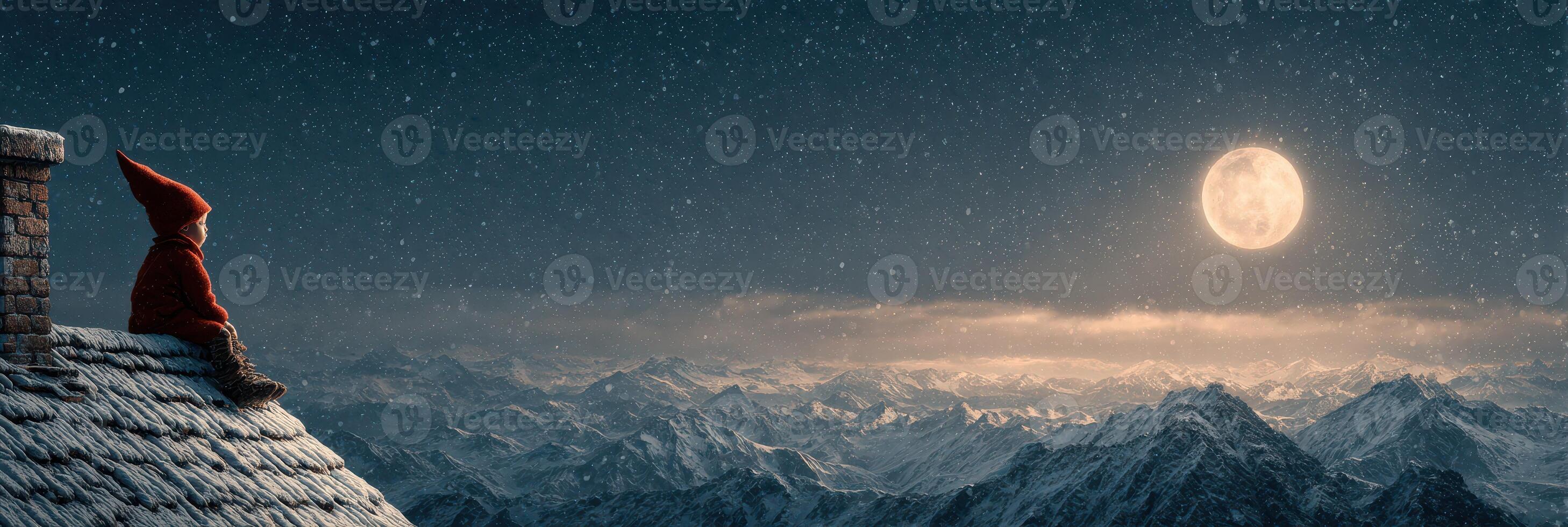 Child in red cloak gazes at moonlit mountains while sitting on snowy roof during a winter night photo