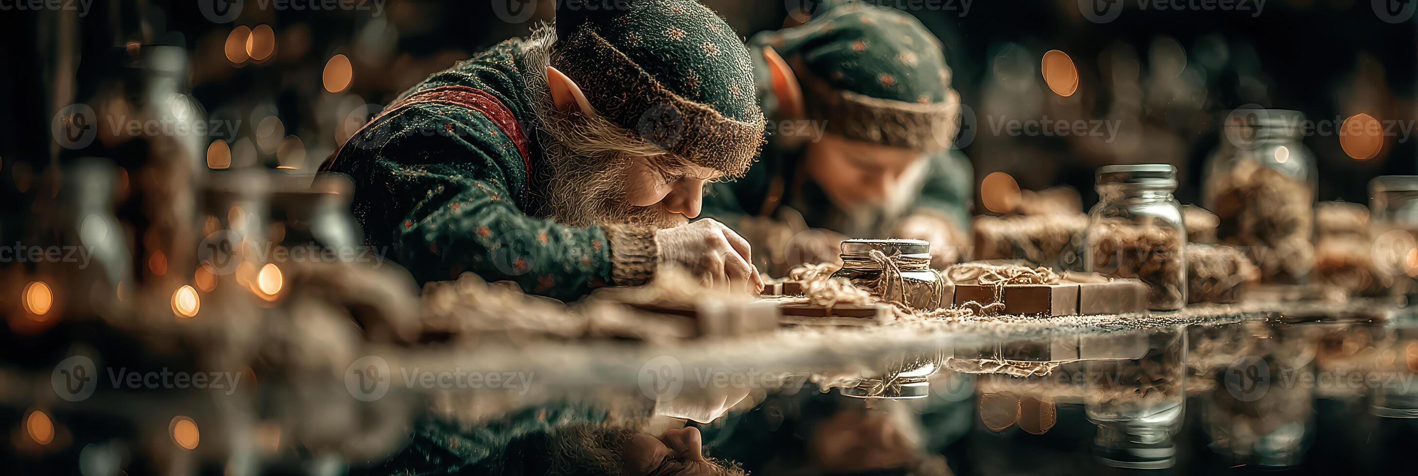 Craftsmen working diligently in a festive workshop preparing toys during the holiday season in a cozy atmosphere photo