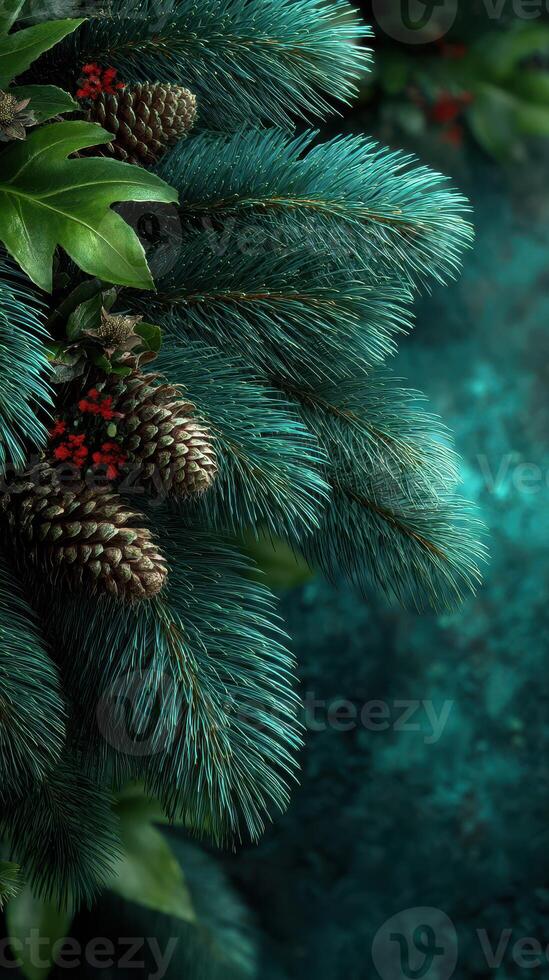 Pine branches with cones and red berries create a vibrant natural display in lush green hues during a tranquil outdoor setting photo