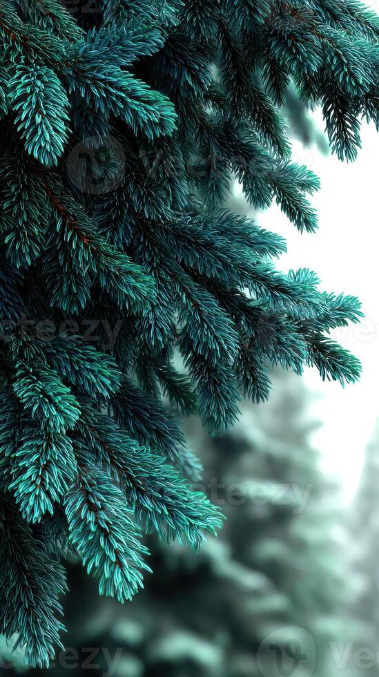 Close-up view of evergreen tree branches showcasing intricate details against a soft, blurred winter backdrop photo