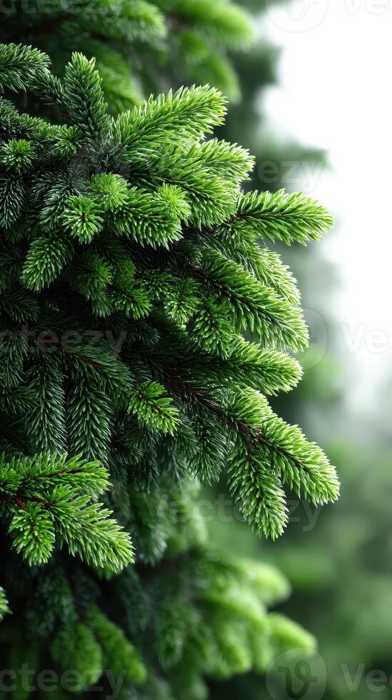 Close up view of vibrant green pine tree branches in a serene forest setting during daylight photo