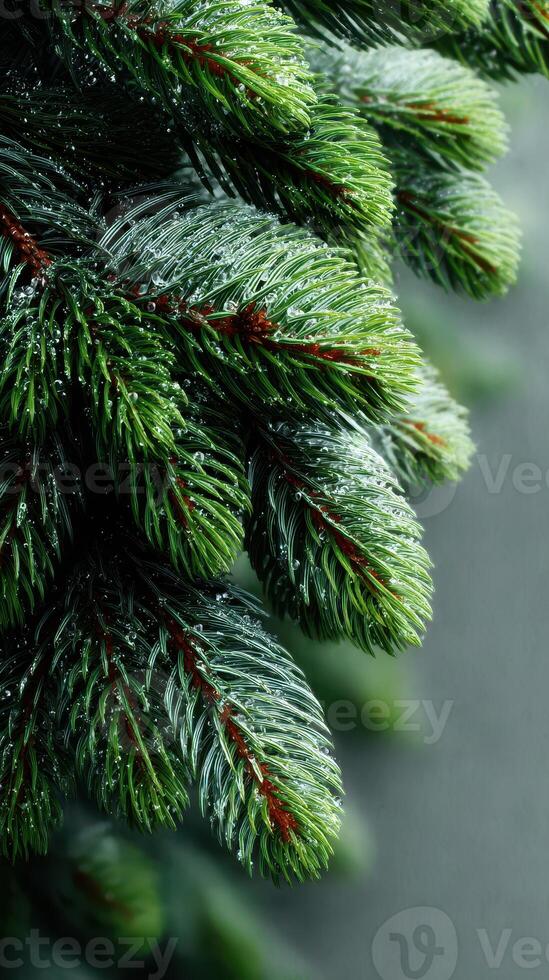 Close-up view of lush green pine branches with droplets of water capturing morning light in a forest setting photo