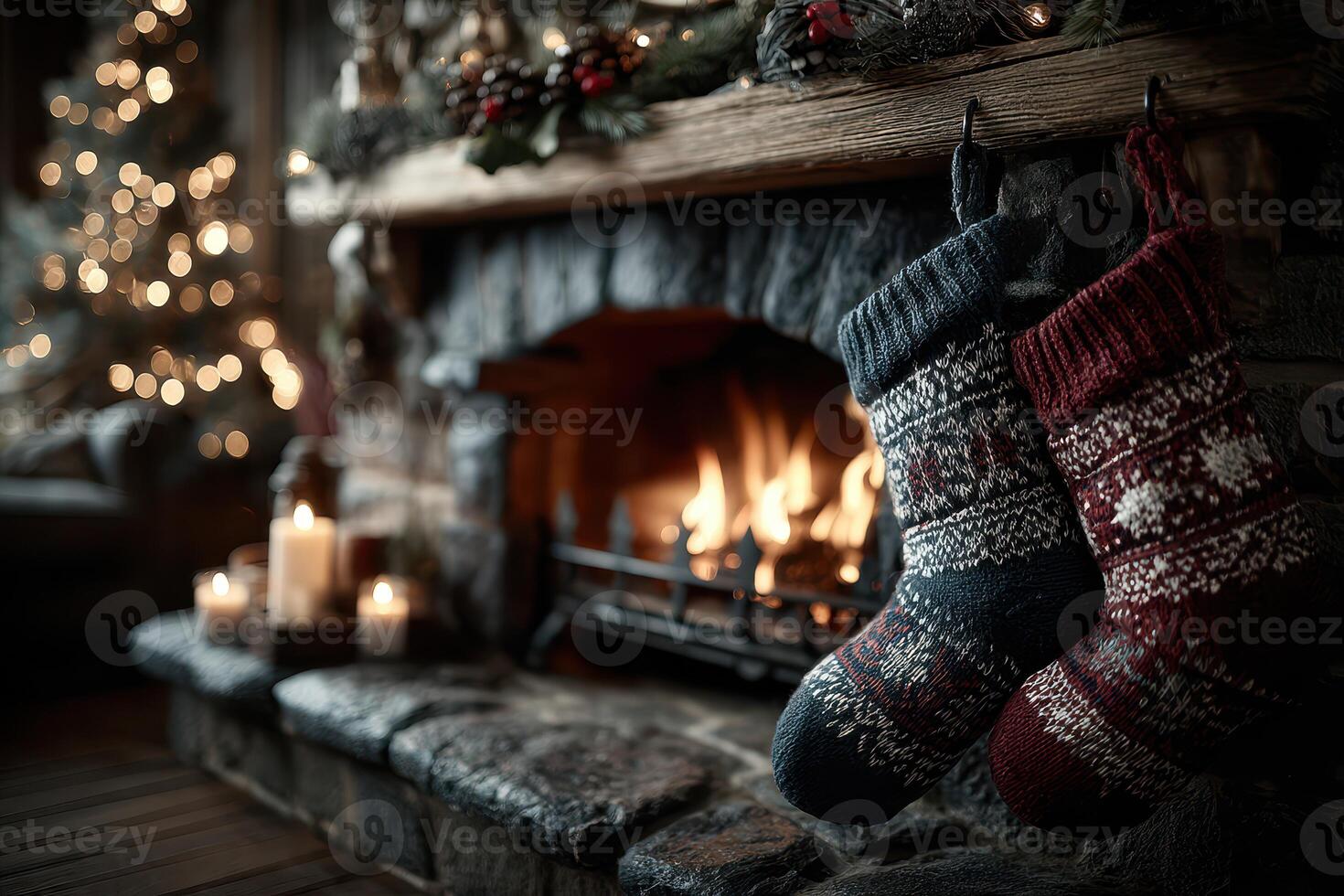 Cozy fireplace with festive stockings and warm glow during winter holiday season celebration photo