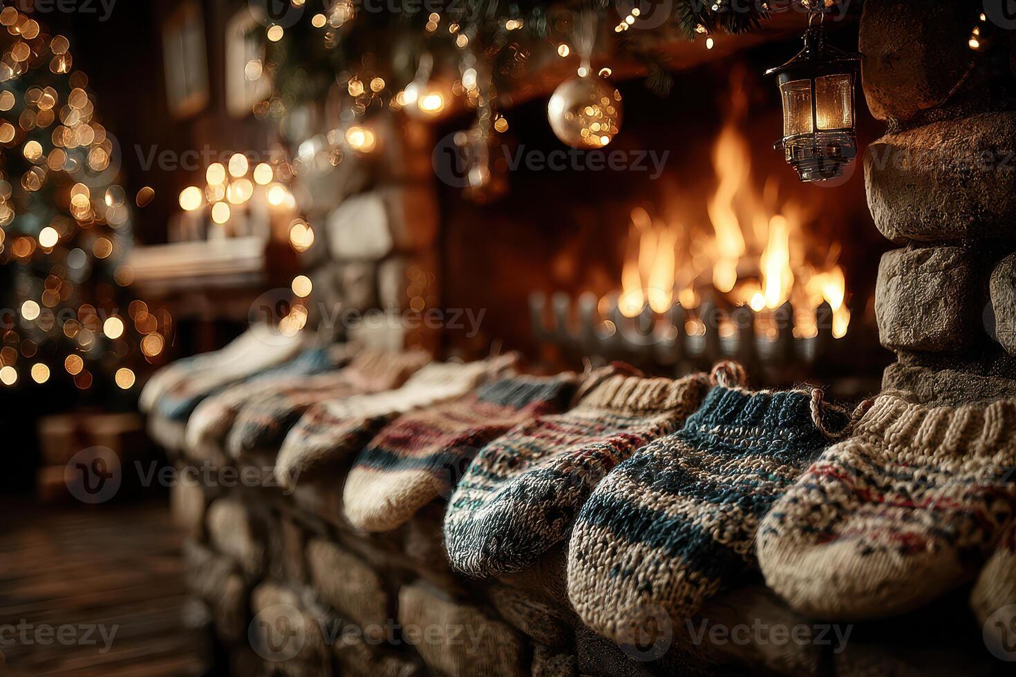 Cozy Christmas scene featuring handmade stockings by a warm fireplace with a festive atmosphere in a rustic living room photo