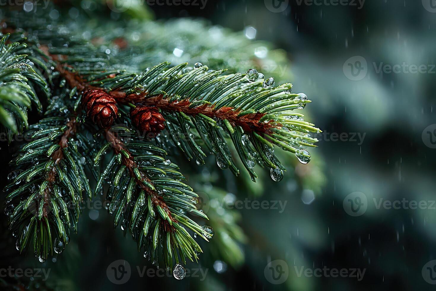 Pine branch with droplets glistening after rain in a tranquil forest setting photo