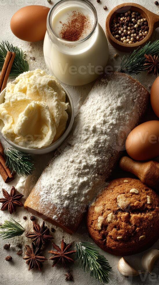 Festive baking ingredients arranged on a countertop for holiday dessert preparation with eggs, cream, and assorted spices photo