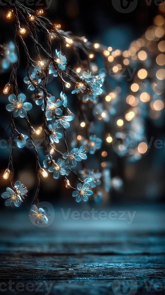 Delicate blue flowers with twinkling lights create a dreamy atmosphere at a night gathering photo