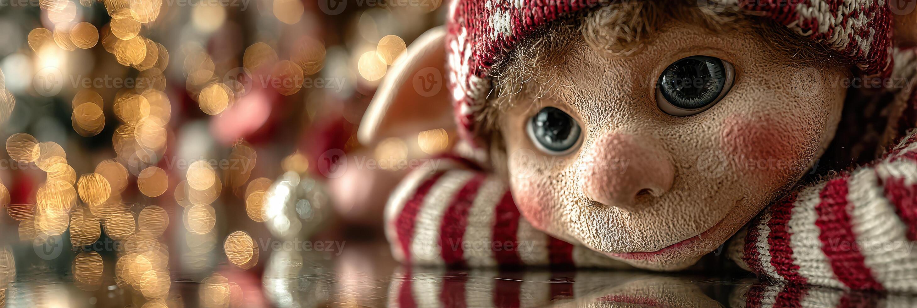Festive elf doll resting among sparkling holiday decorations in a cozy indoor setting photo