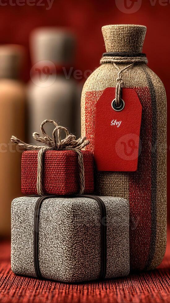 Decorative gifts and a textured bottle displayed on a rich red background with rustic elegance photo