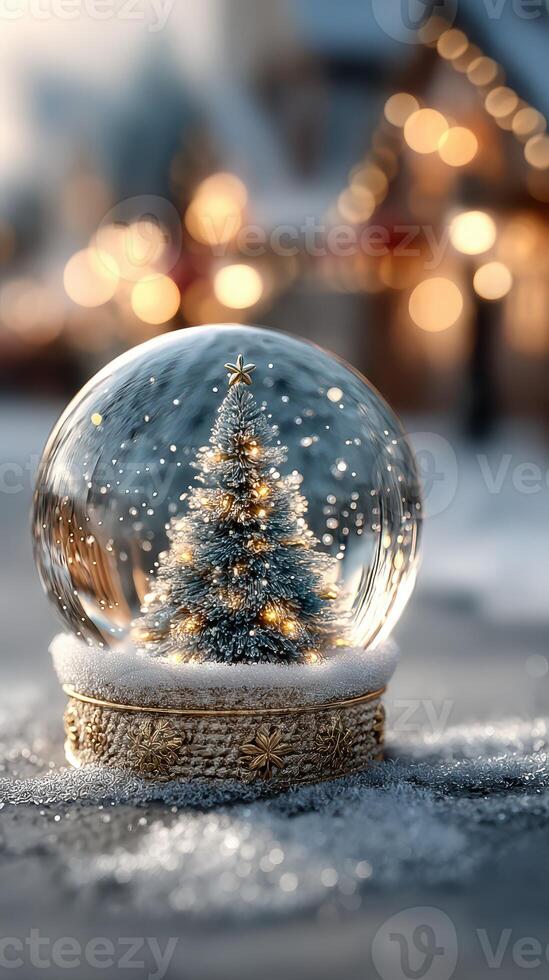 Decorative snow globe featuring a Christmas tree with warm lights in a winter setting during holiday season photo