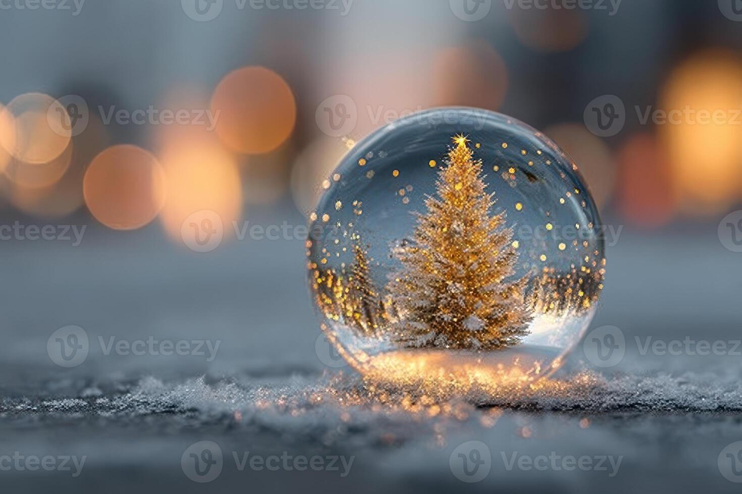 Magical snow globe showing a festive Christmas tree illuminated at night photo