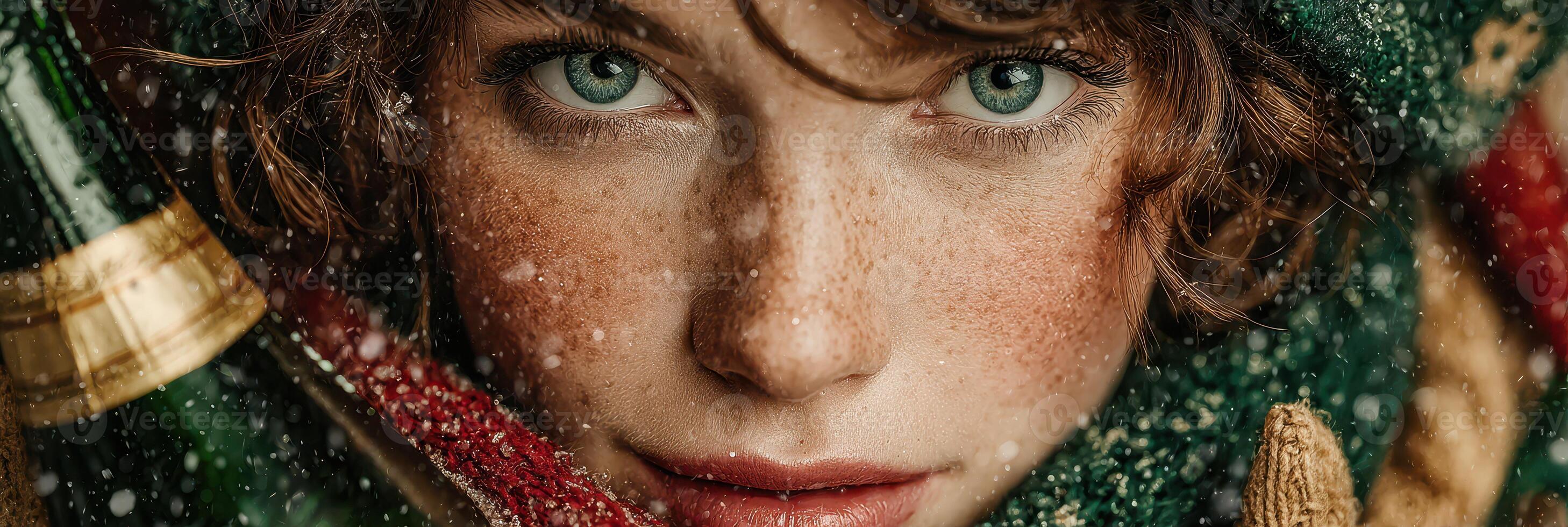 Portrait of a girl with blue eyes wearing winter attire surrounded by snow photo