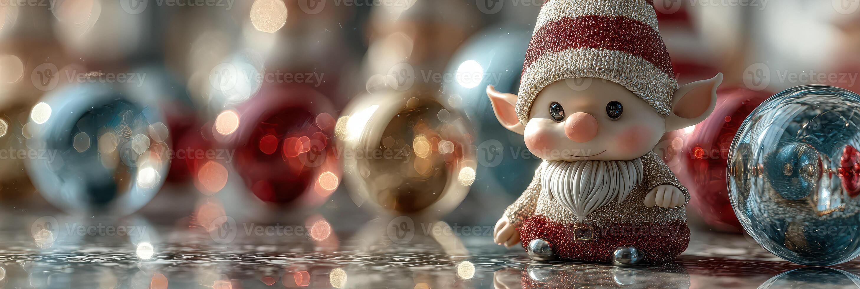 Charming elf figurine surrounded by colorful ornaments creates a festive atmosphere during holiday season photo