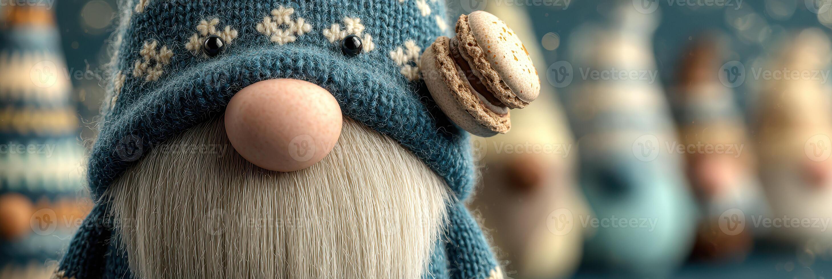 Cozy winter gnome figure wearing a knitted hat with a macaroon in a festive setting photo