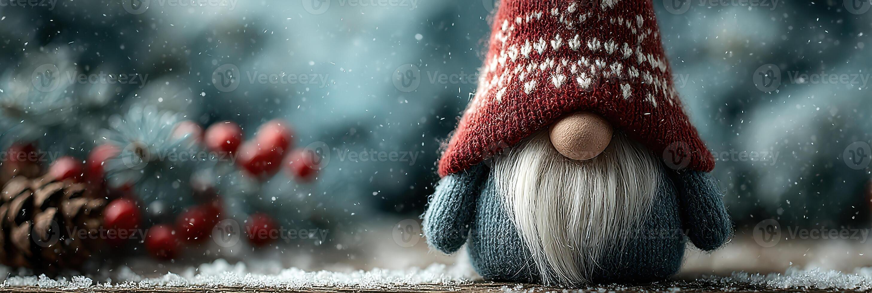 Festive gnome stands surrounded by winter decorations in a snowy setting during the holiday season photo