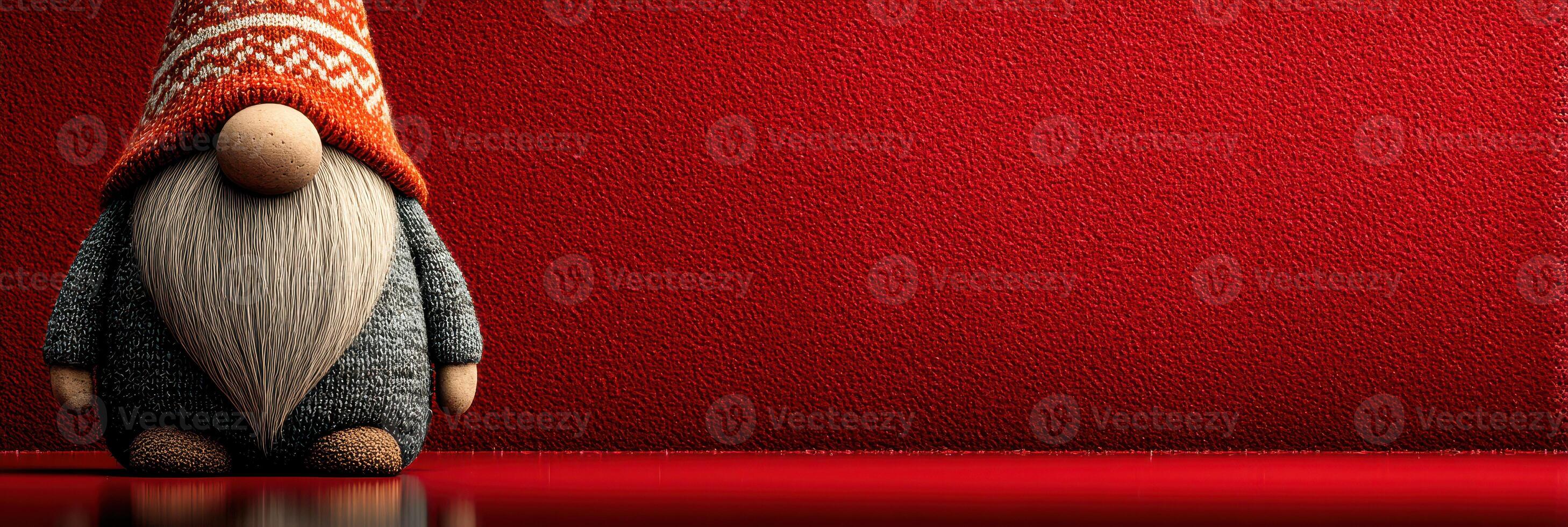 Festive gnome decoration with a red backdrop brings holiday cheer to any setting in winter photo