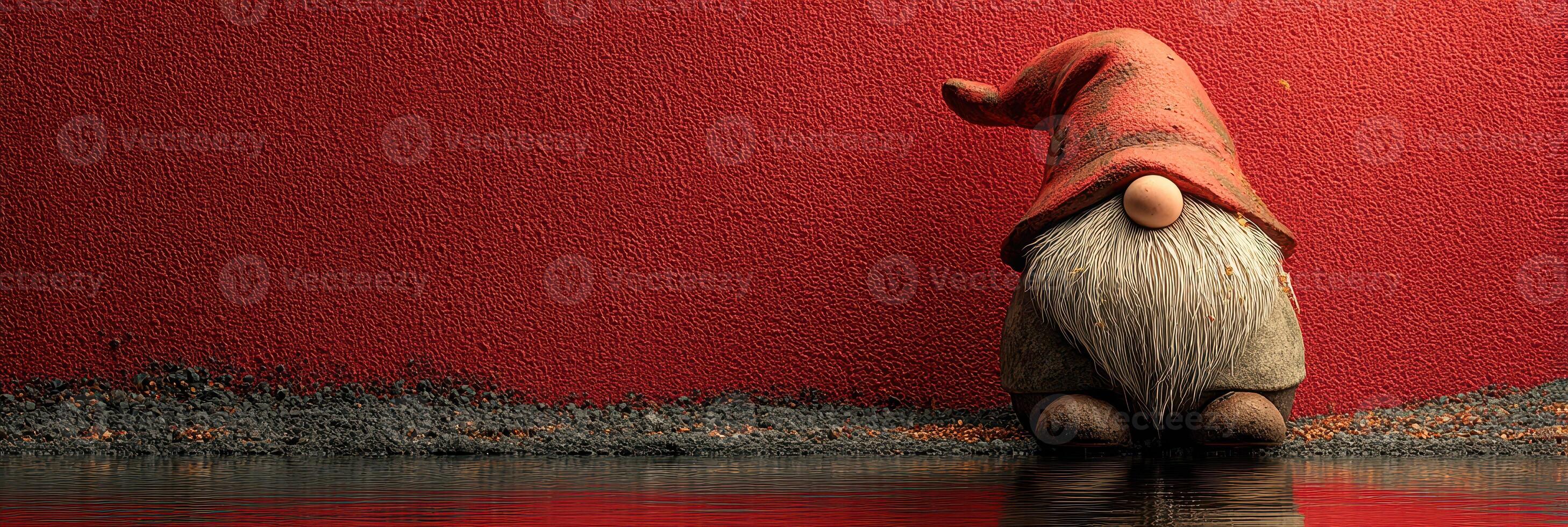 Cute gnome with a red hat sitting by a water reflection against a textured red wall in a whimsical setting photo
