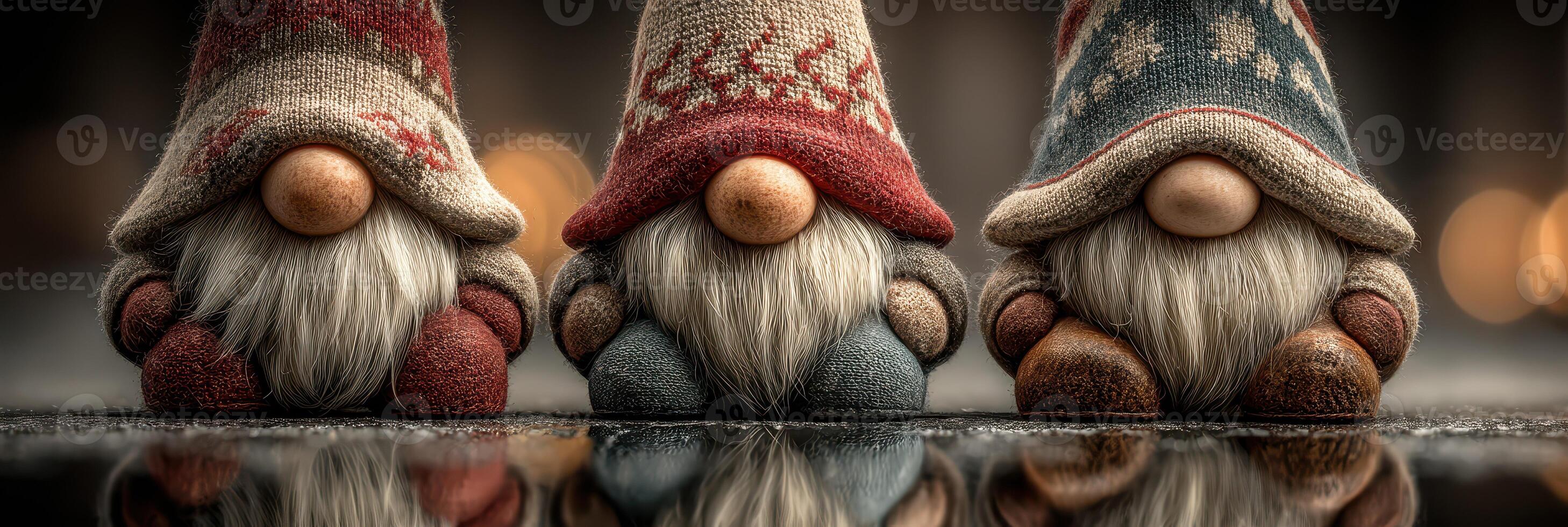 Charming decorative gnomes with knitted hats and beards on display in a cozy indoor setting photo