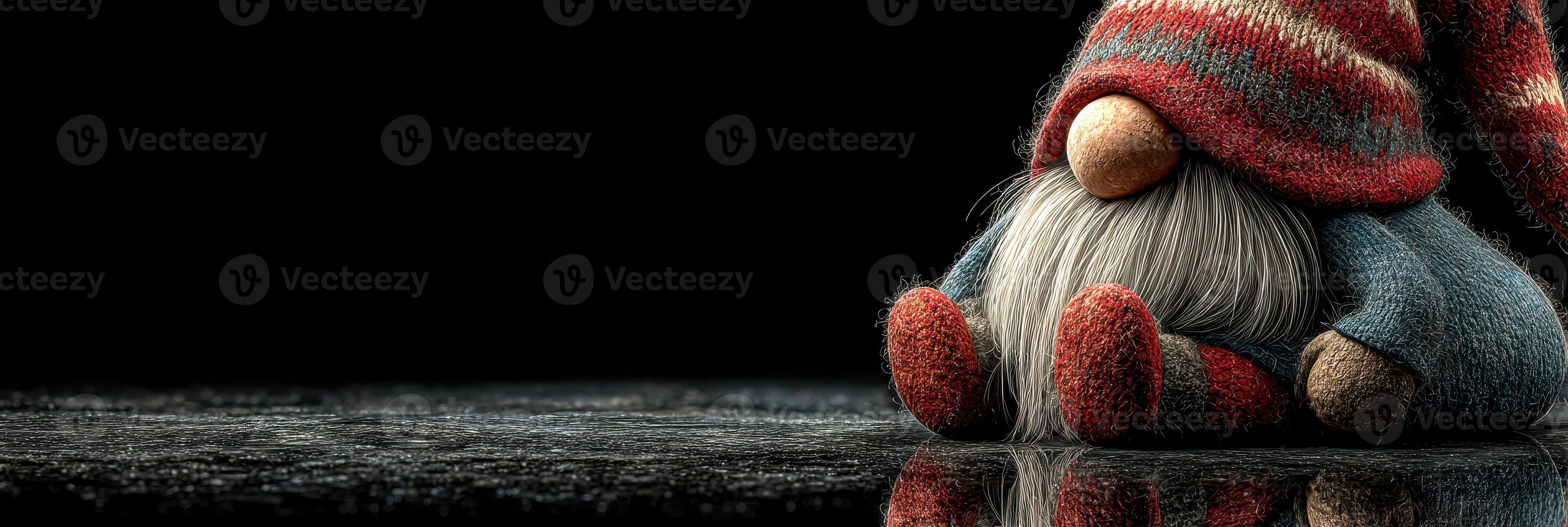 Gnome figurine resting quietly on a reflective surface with soft lighting and textured background photo