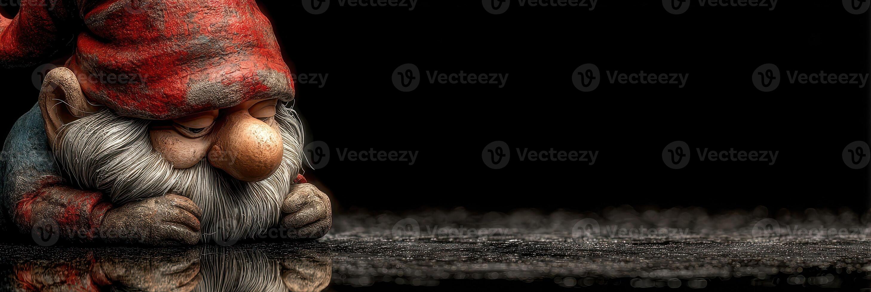 Whimsical garden gnome lost in thought by a reflective surface during twilight hours photo