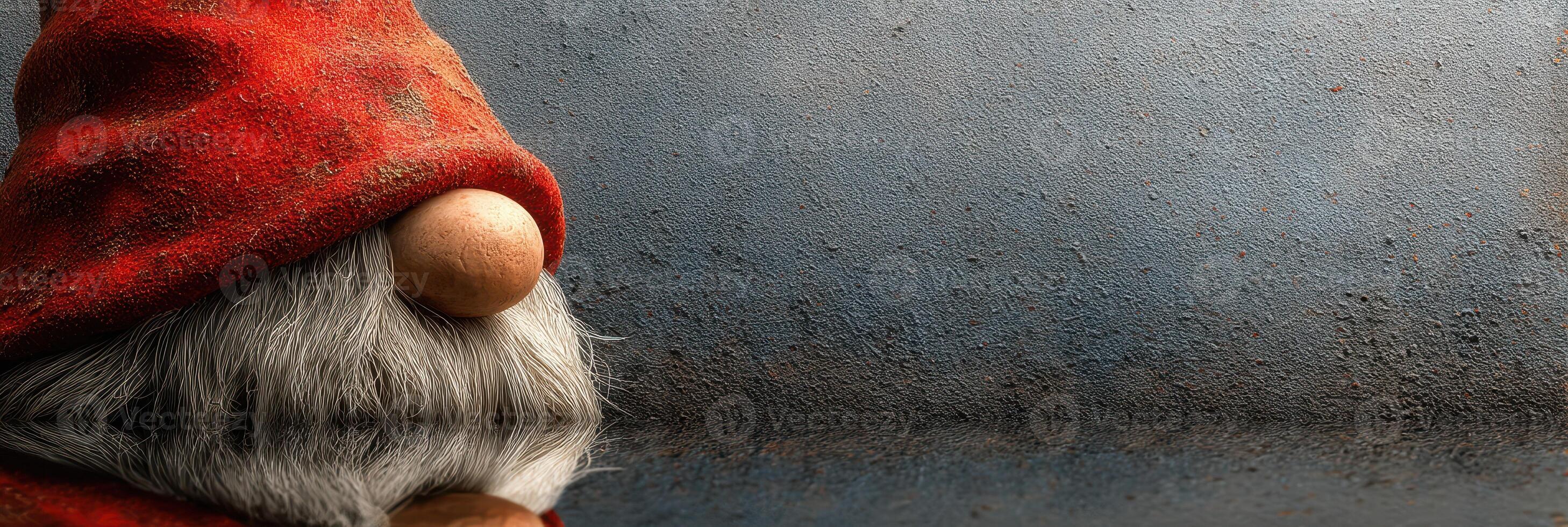 Whimsical garden gnome with a red hat and white beard resting by a reflective surface photo