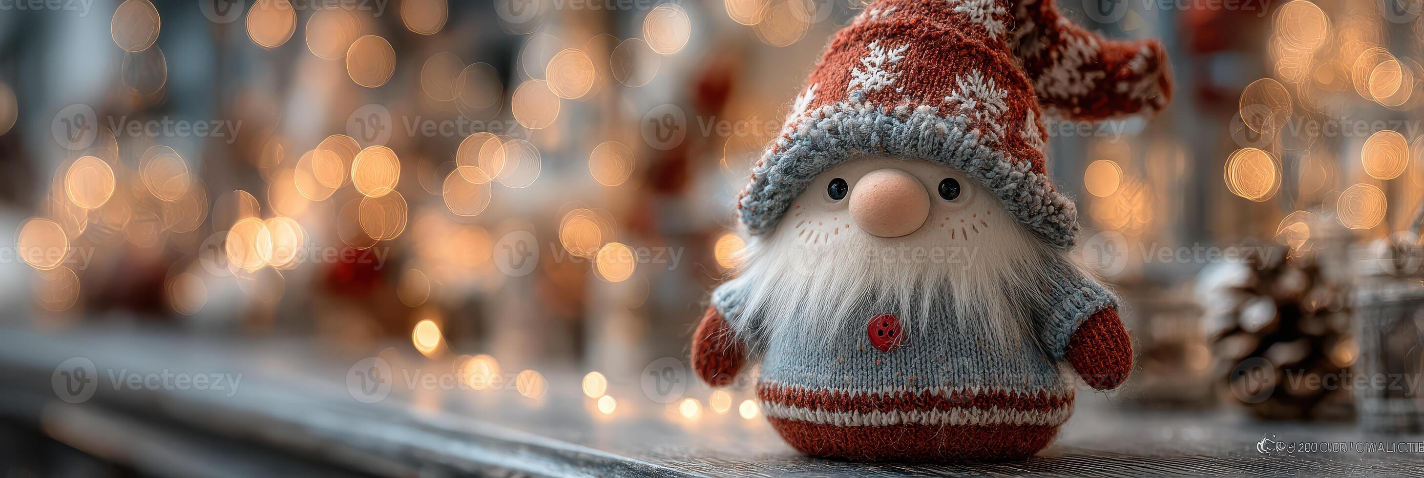 Festive gnome decoration with warm lighting and bokeh effect in a cozy holiday setting photo