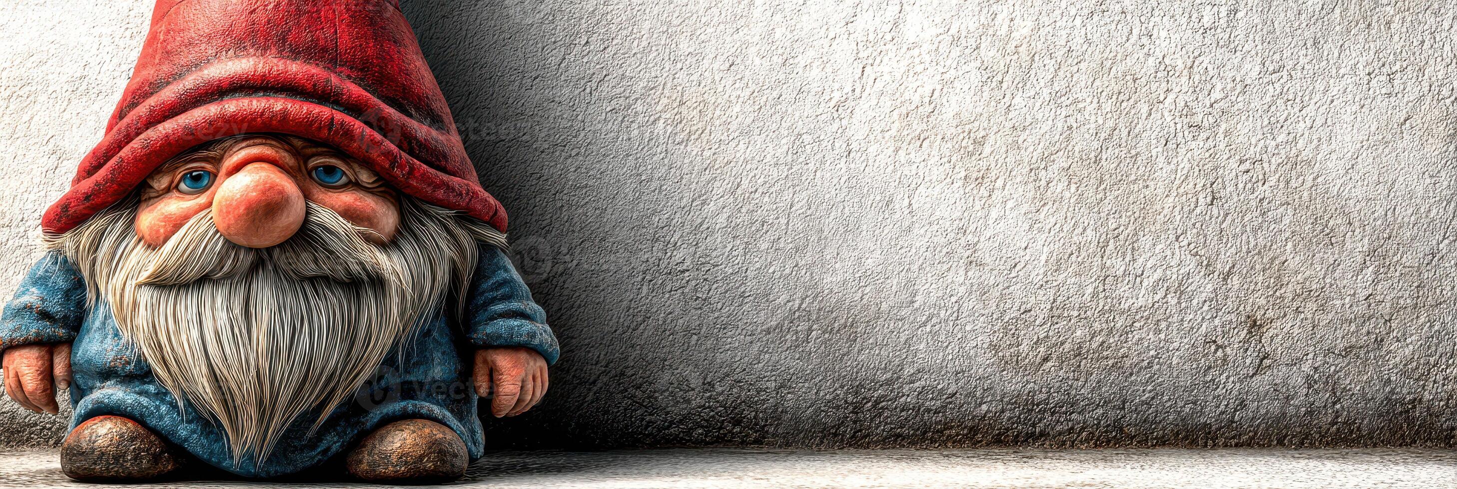 Whimsical garden gnome sitting against a textured wall in a playful outdoor setting during daylight hours photo