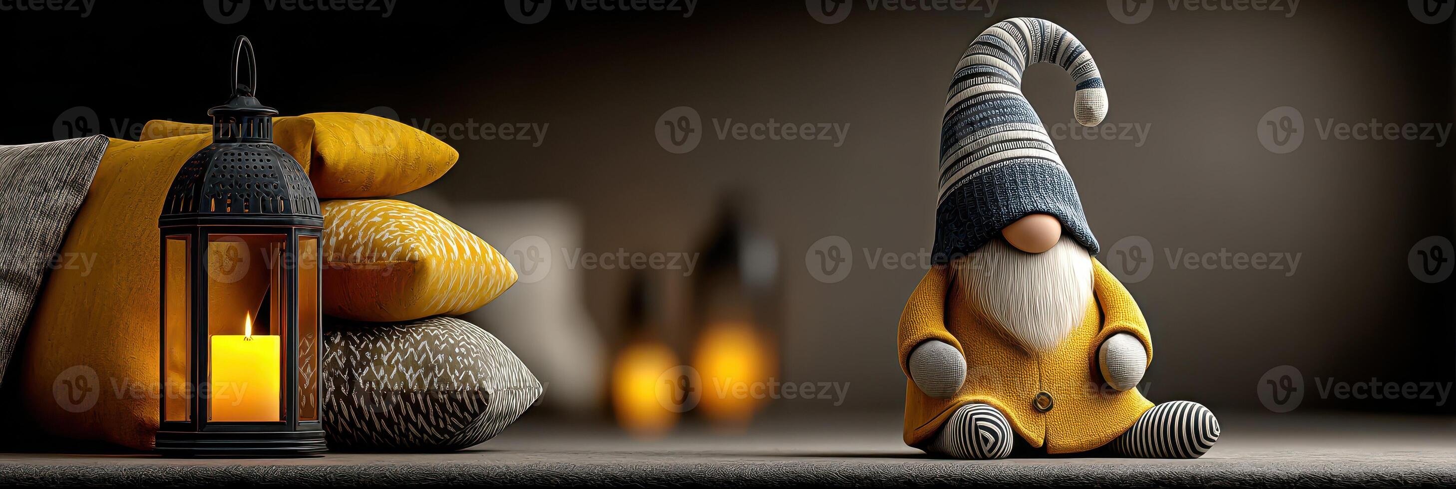 Cozy home decor featuring a whimsical gnome and soft cushions during a quiet evening photo