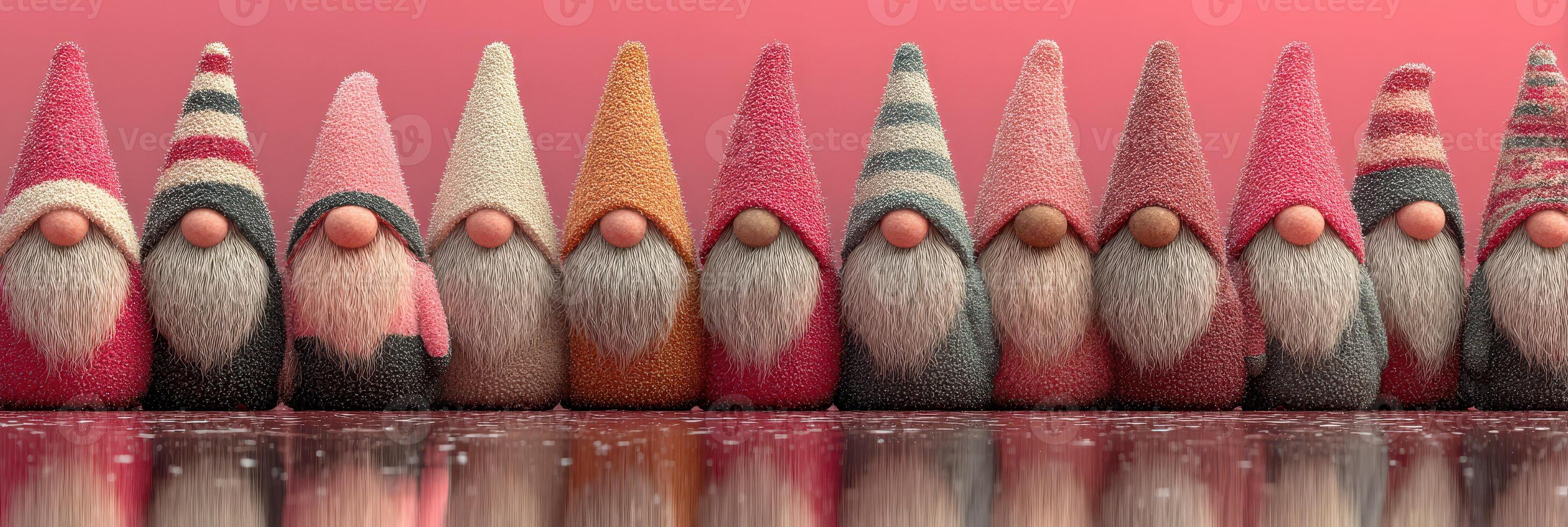 Colorful decorative gnomes lined up against a pink background during a festive gathering photo