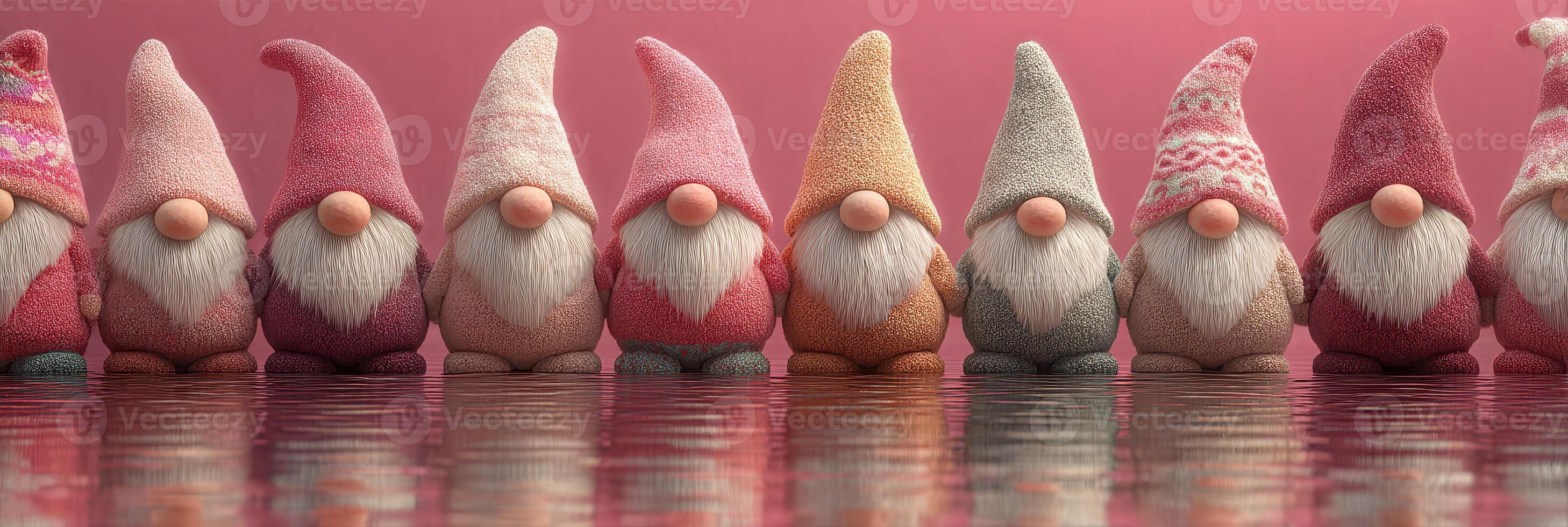Colorful gnomes lined up along a reflective surface in a festive display during a cheerful celebration photo