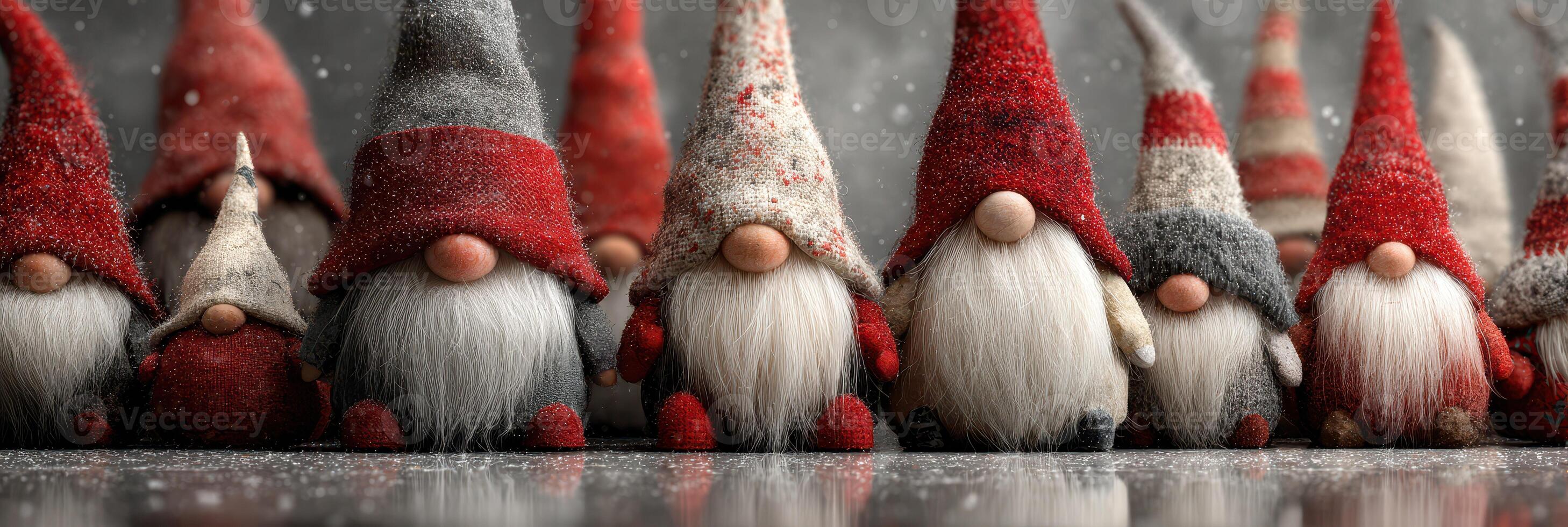 Group of colorful gnomes with distinct hats gathered together in a festive atmosphere during winter season photo