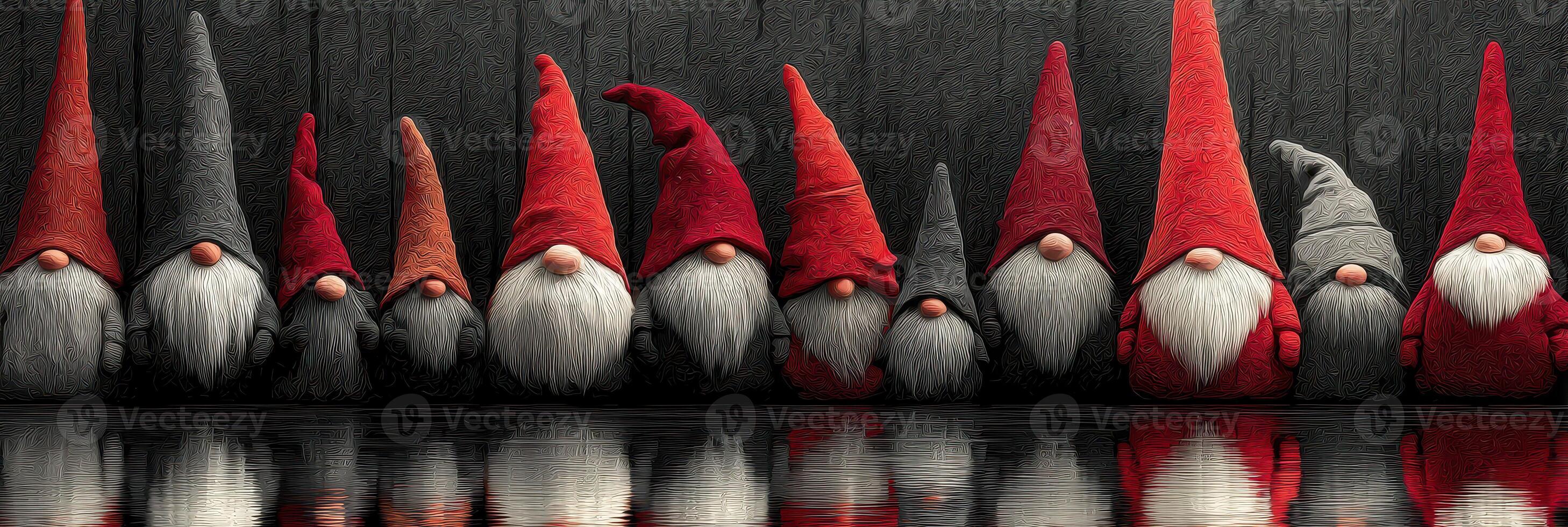 Colorful gnomes arranged along a reflective surface showcasing unique hats and beards in a dark setting photo