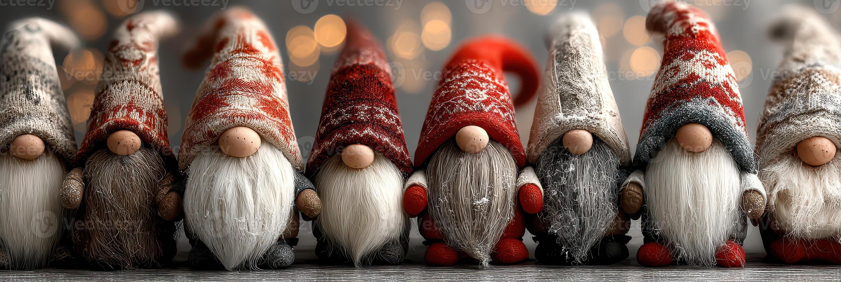 Charming collection of handcrafted gnomes with colorful hats displayed for festive decoration photo