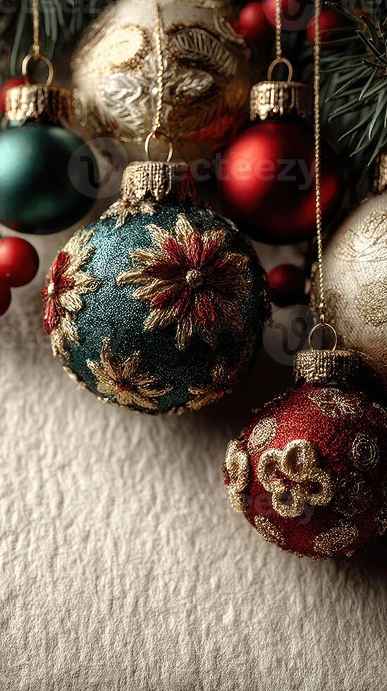 Holiday ornaments in vibrant colors with intricate designs hanging on a soft textured surface photo
