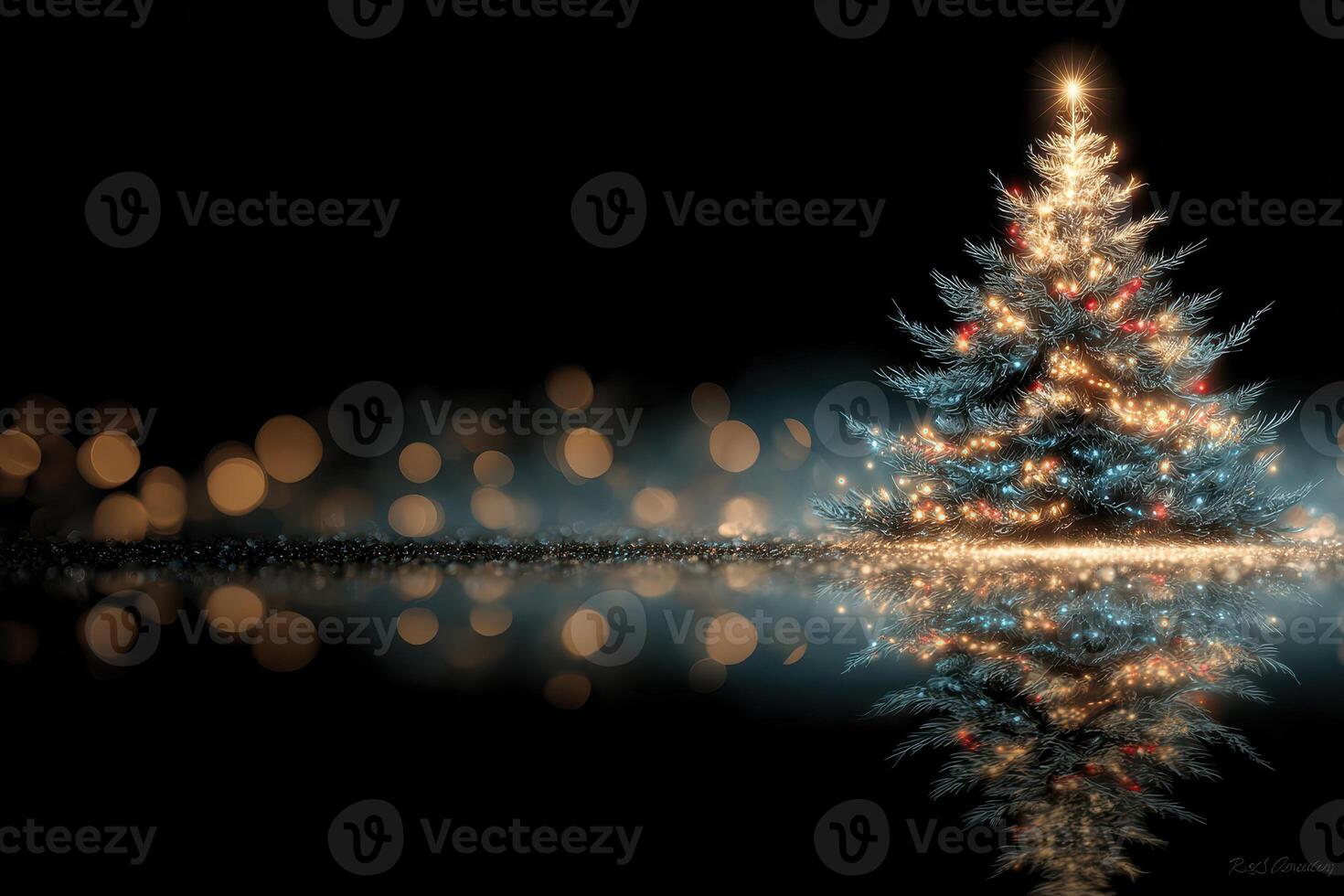 Festive Christmas tree adorned with lights and ornaments creating a serene reflection on a dark background photo