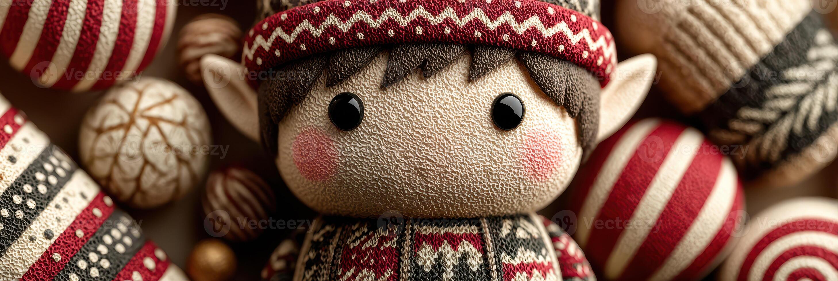Handcrafted holiday elf surrounded by decorative orbs in festive red and beige colors photo