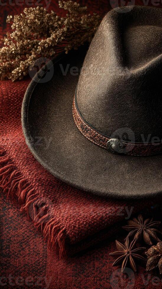 Rustic cowboy hat placed on a textured blanket with decorative elements highlighting Western heritage photo