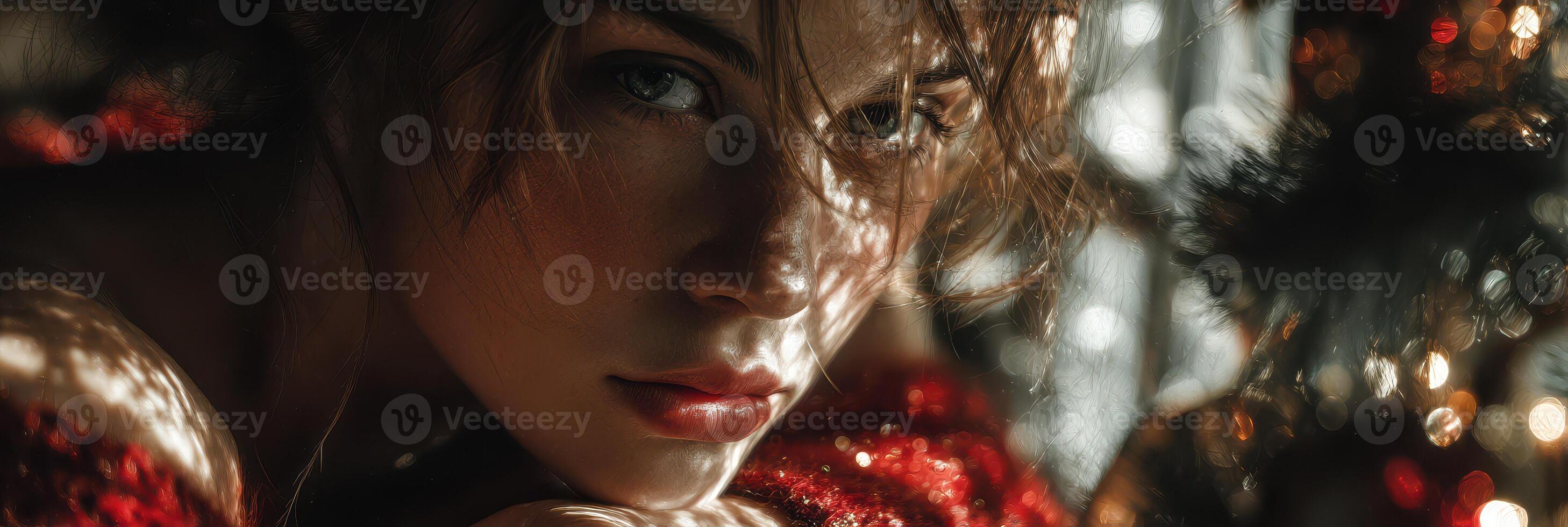 Captivating close-up of a woman in festive attire surrounded by holiday lights in a cozy atmosphere during winter evening photo