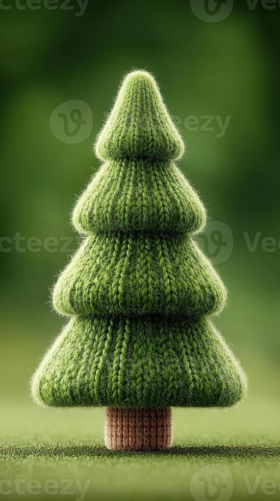 Knitted green tree stands elegantly on soft surface against a blurred natural background photo