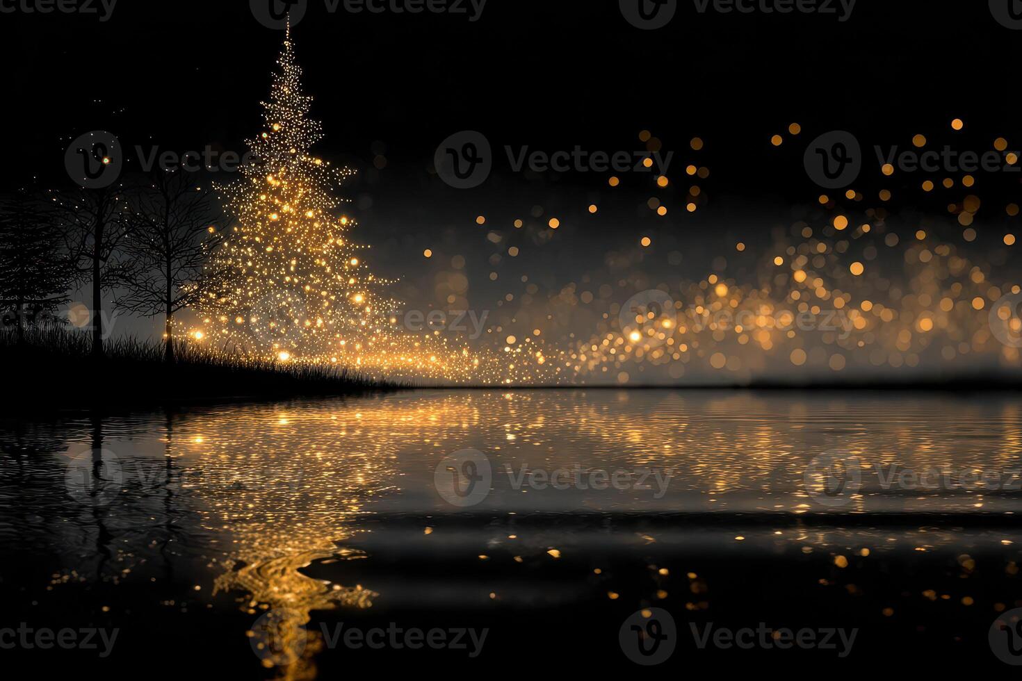 Christmas tree lights create a magical glow by the water on a winter evening with reflections and soft bokeh effects photo