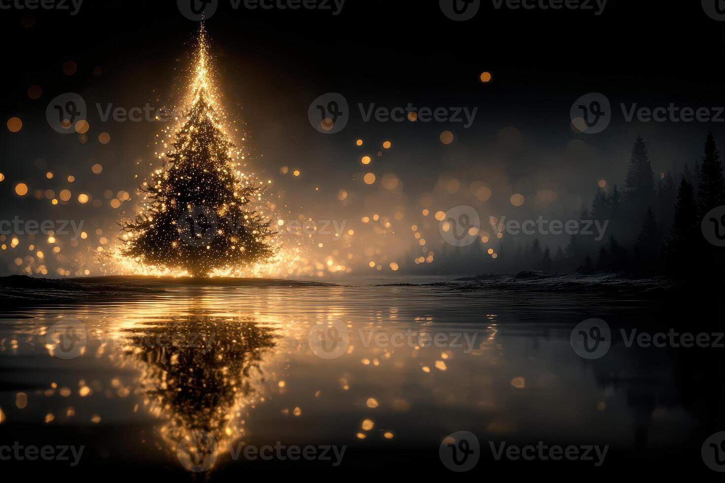 Glowing Christmas tree reflects in tranquil water with soft lights and dark forest backdrop during winter evening photo