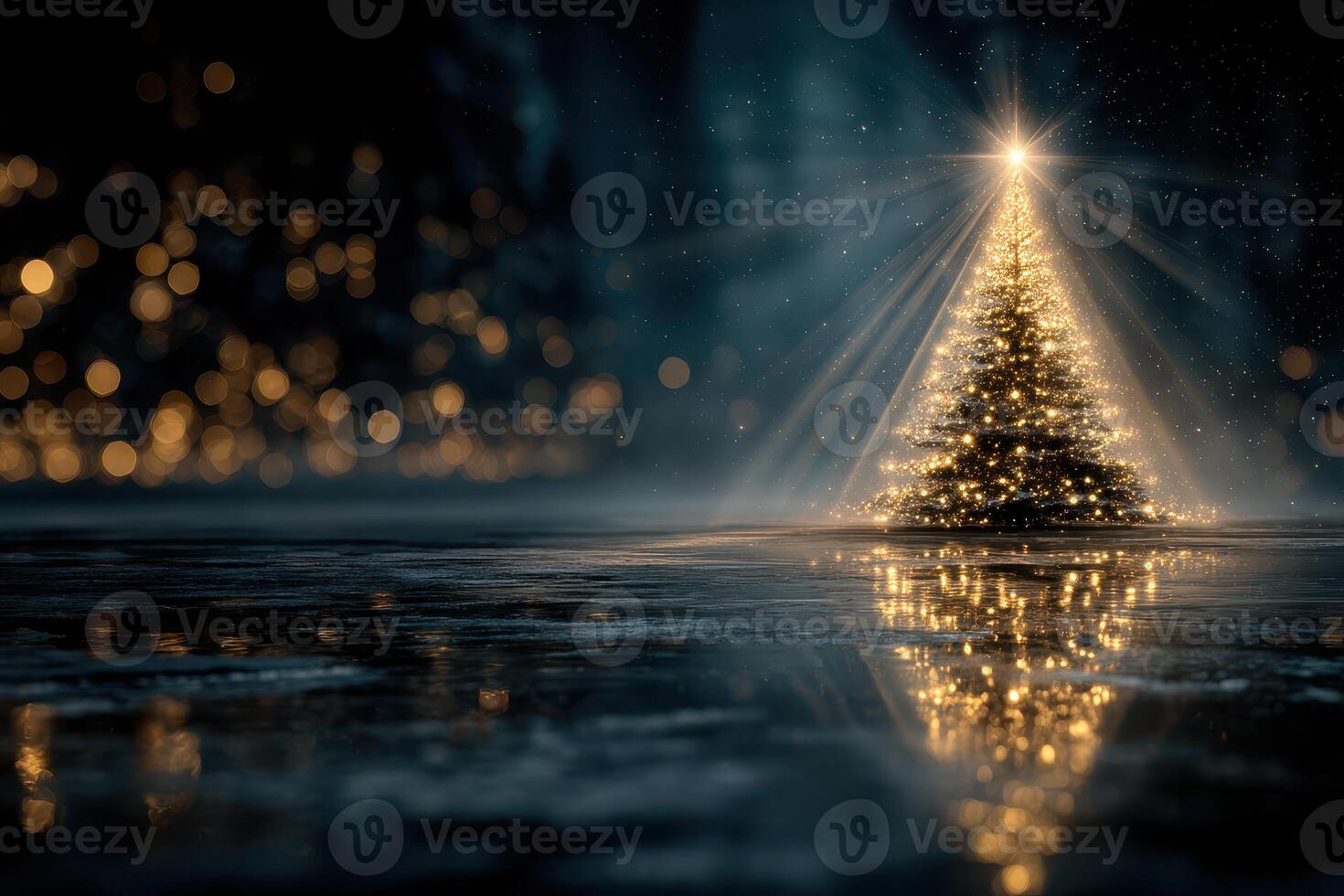 Glowing Christmas tree illuminated by soft lights in a serene winter landscape at night photo