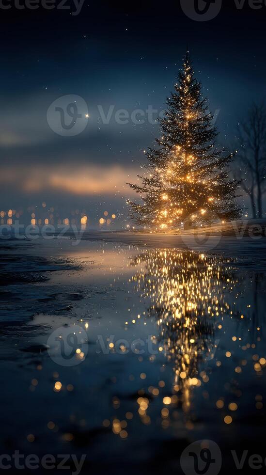 Christmas tree illuminated at night beside a reflective puddle in a quiet park during winter photo