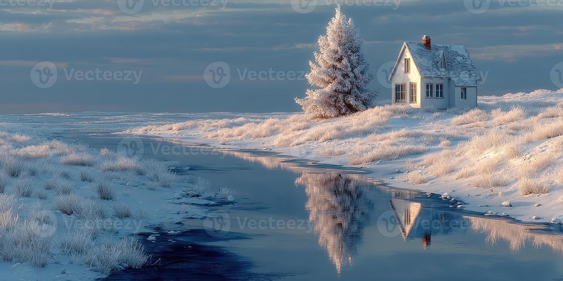 Snowy landscape with a tranquil river and a cozy house surrounded by winter scenery photo