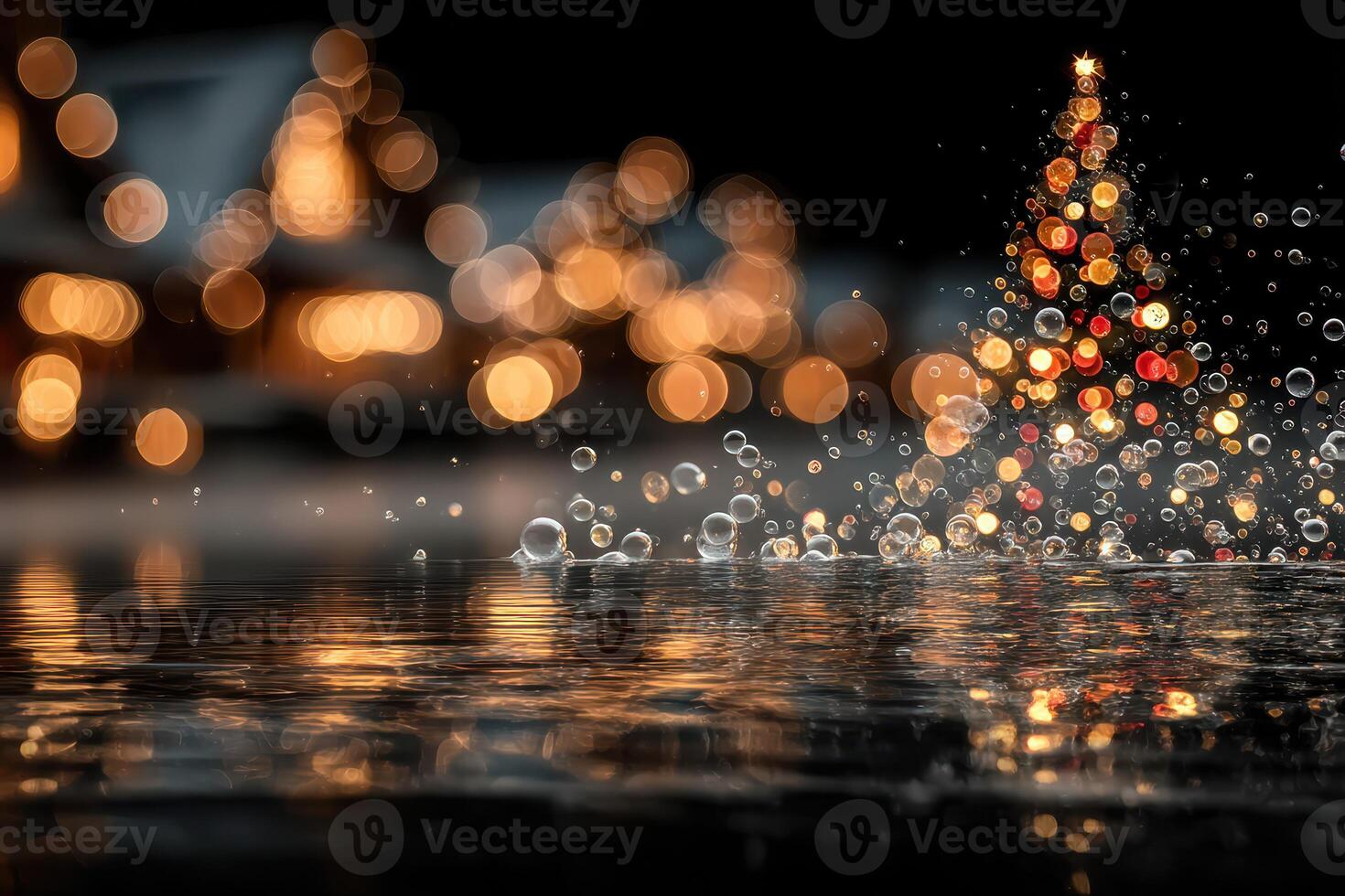 Rain creates reflections and bokeh lights around a festive Christmas tree during a winter evening photo