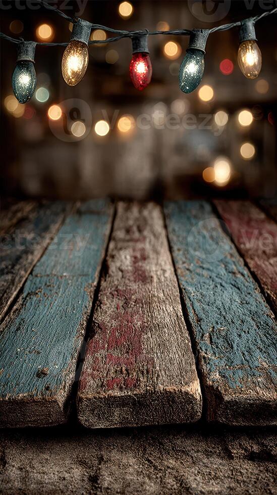 Wooden surface with colorful lights creating a warm ambiance in a cozy setting during the evening hours photo