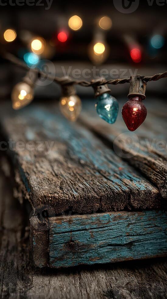 Charming string of colorful lights draped over rustic wooden planks in a cozy setting photo