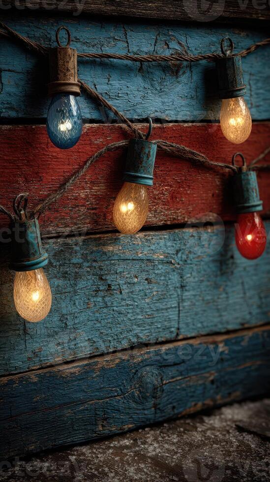 Colorful vintage light bulbs illuminate rustic wooden background enhancing charm during evening gatherings photo